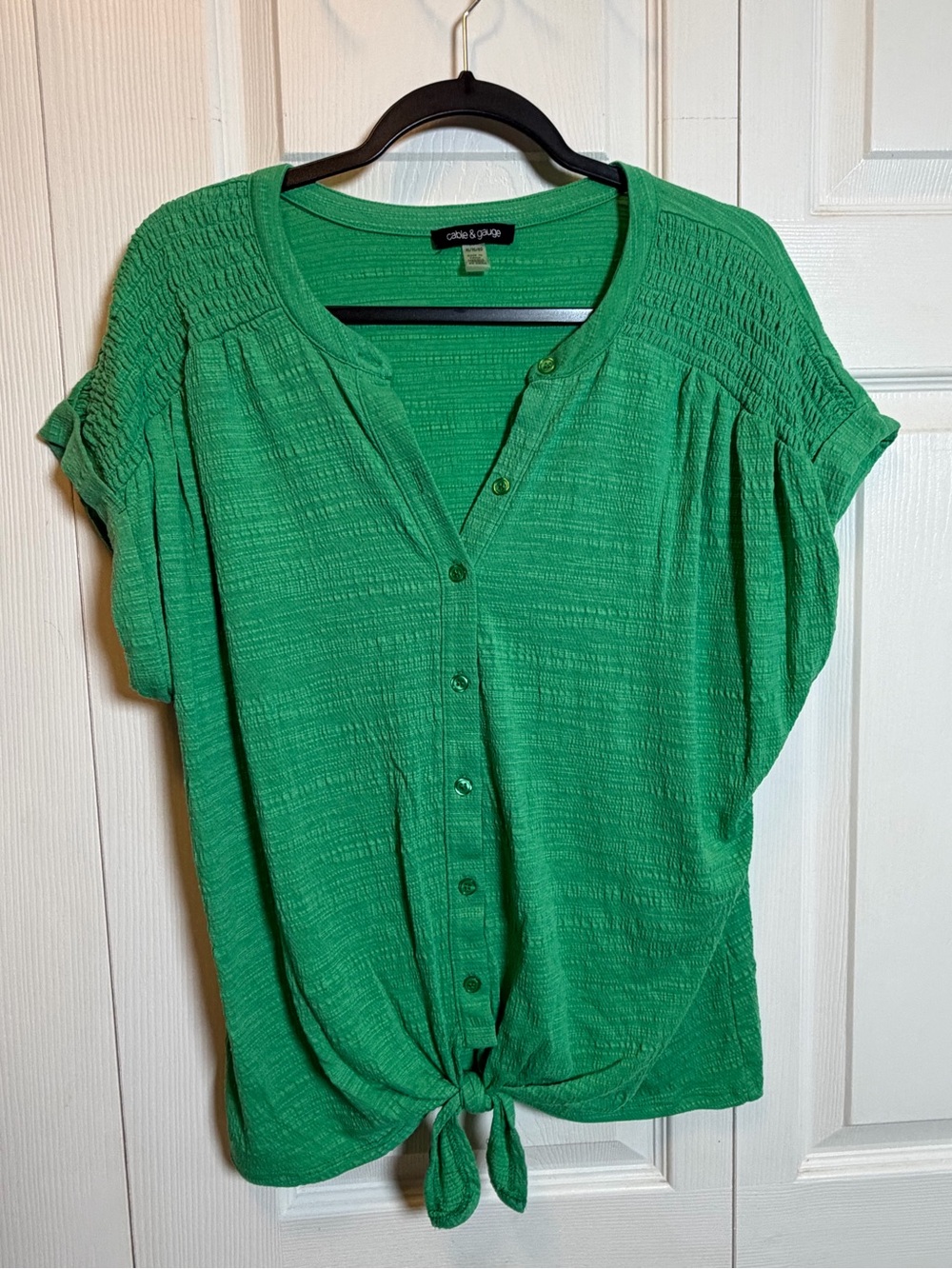 Cable & Gauge Green Tie Front Button Blouse XL Textured Short Sleeve Top